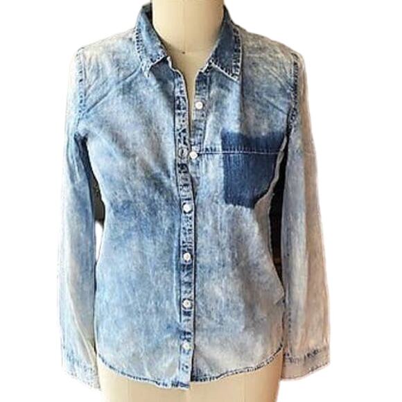 VOLCOM Denim Blue Jean Long Sleeve Button Up Down Shirt ~ Woman's Size 10 - Picture 2 of 5